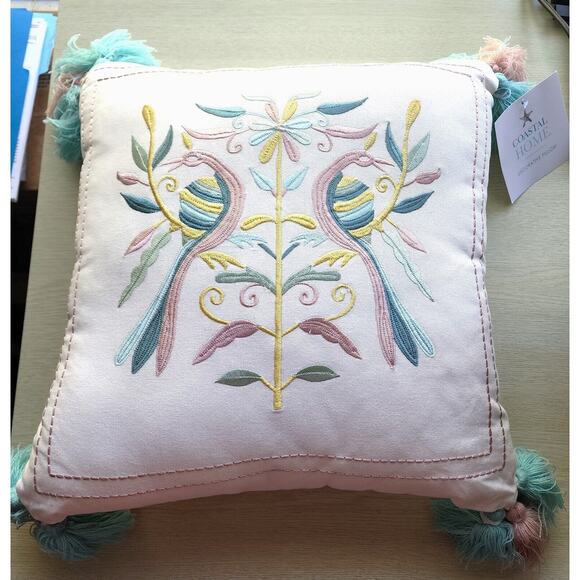 THROW PILLOW-COASTAL HOME-Embroidery-Birds-Folk Design-Tassles-Large-17" x 17" - Picture 4 of 14